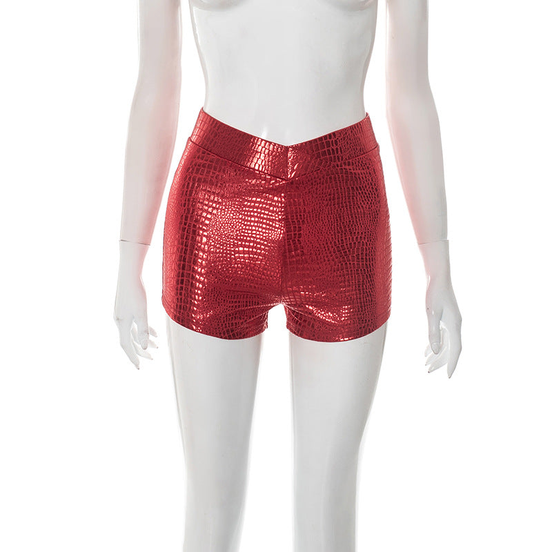 Women Fashion Sexy Solid Color Pu Snake Pattern Leather Low Waist Shorts