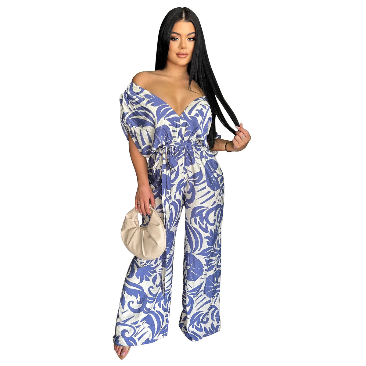 Women Fashion Casual Printed Bat Sleeve Backless Wide-Leg Jumpsuit