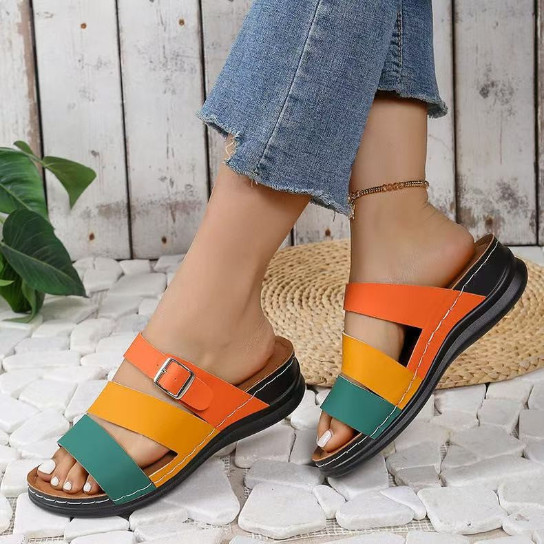 Women Fashion Casual Colorblock Wedge Slippers