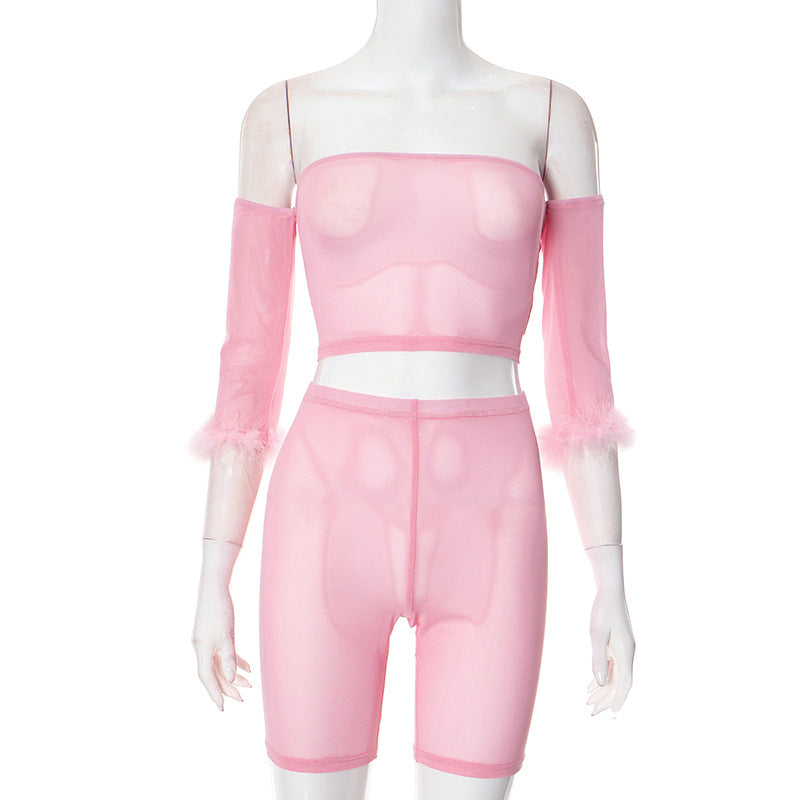Conjunto de dos piezas de felpa con hombros descubiertos para mujer con pantalones cortos y pantalones