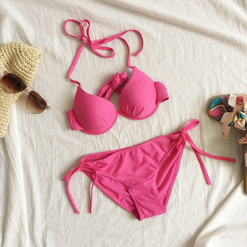 Bikini sexy de cuello halter de color sólido a la moda para mujer