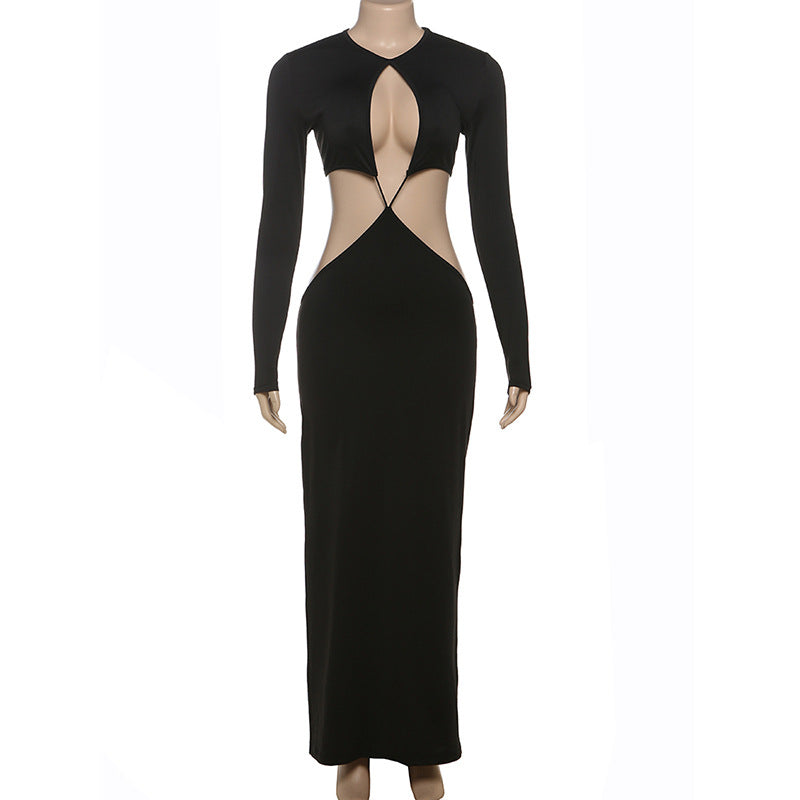 Vestido ajustado de manga larga con aberturas para mujer, poliéster, color sólido