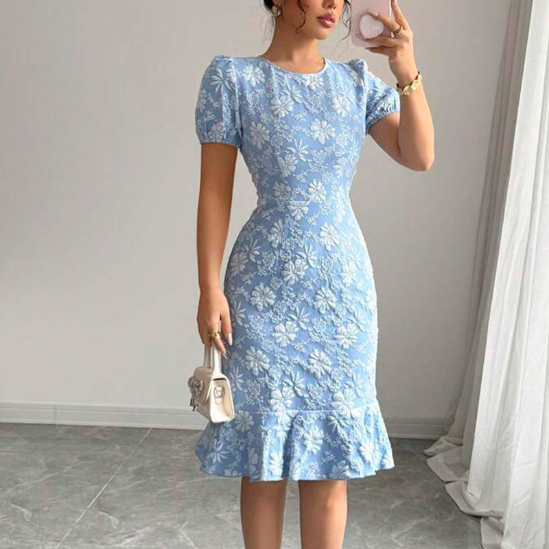 Women Fashion Elegant Flower Jacquard Short Sleeve Dress