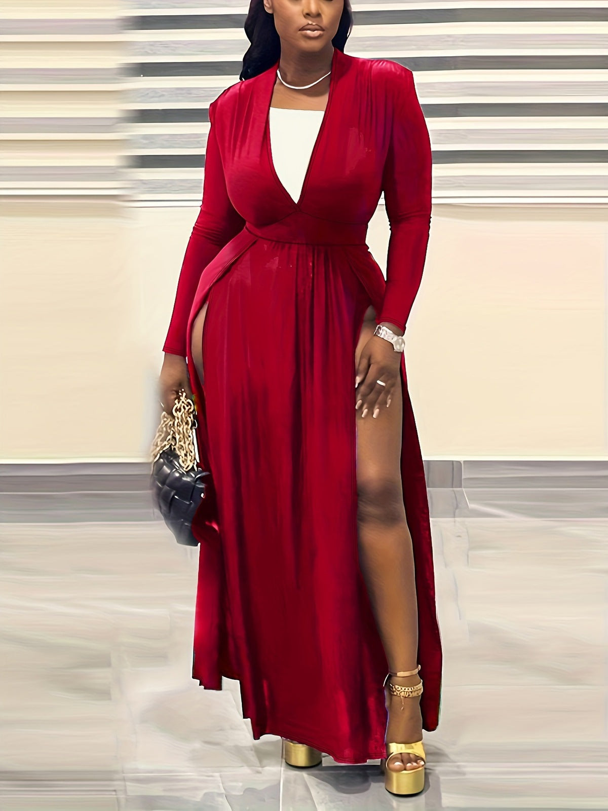 Vestido elegante de manga larga con escote en V y color liso de talla grande para mujer