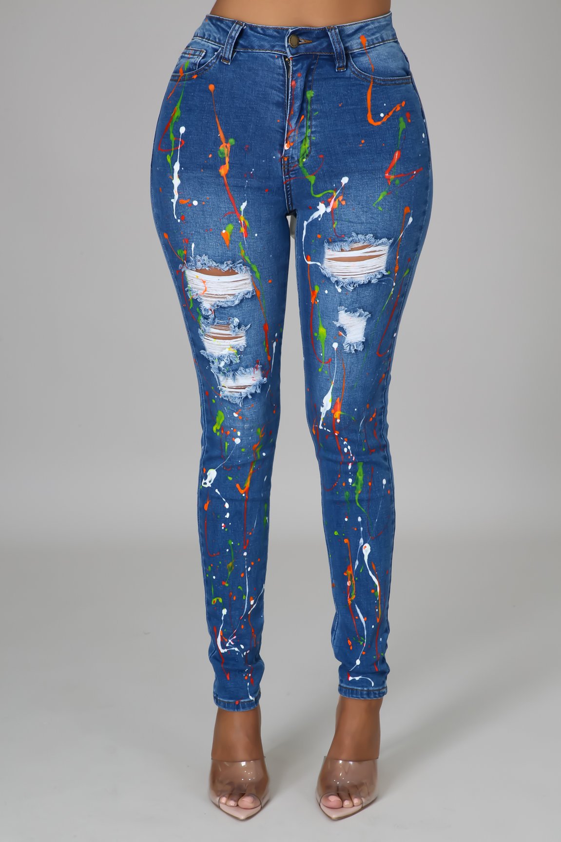 Vaqueros de algodón rasgados con estampado multicolor informal para mujer