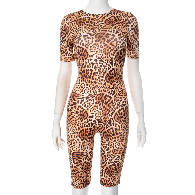 Mono sexy de manga corta con estampado de leopardo para mujer