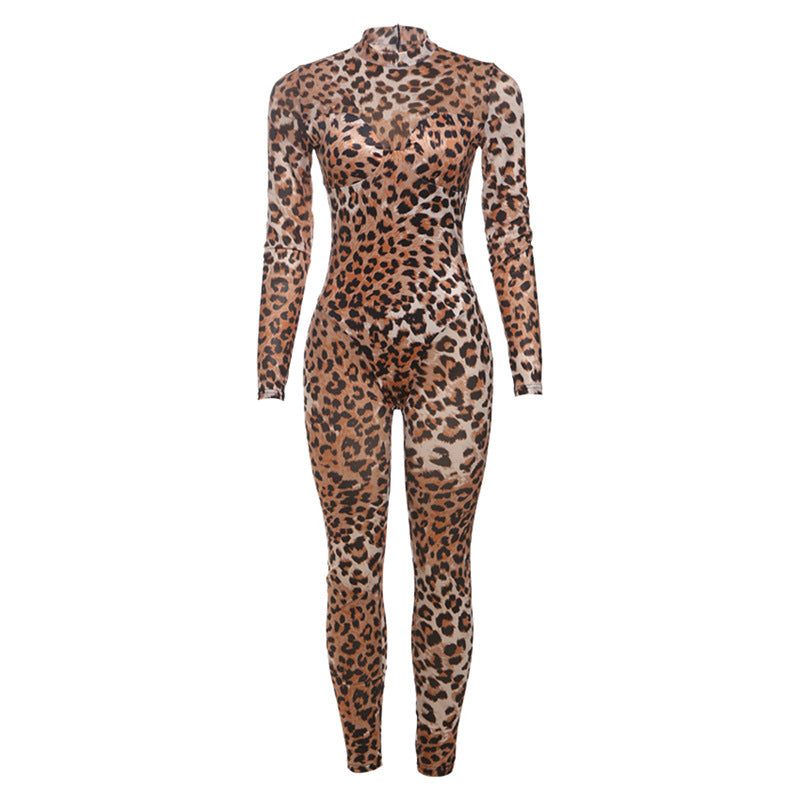 Women Fashion Sexy Leopard Mesh Long Sleeve Slim Fit Jumpsuits