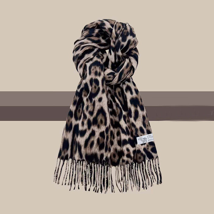 Écharpe à pompons léopard vintage pour femme, accessoire de mode élégant