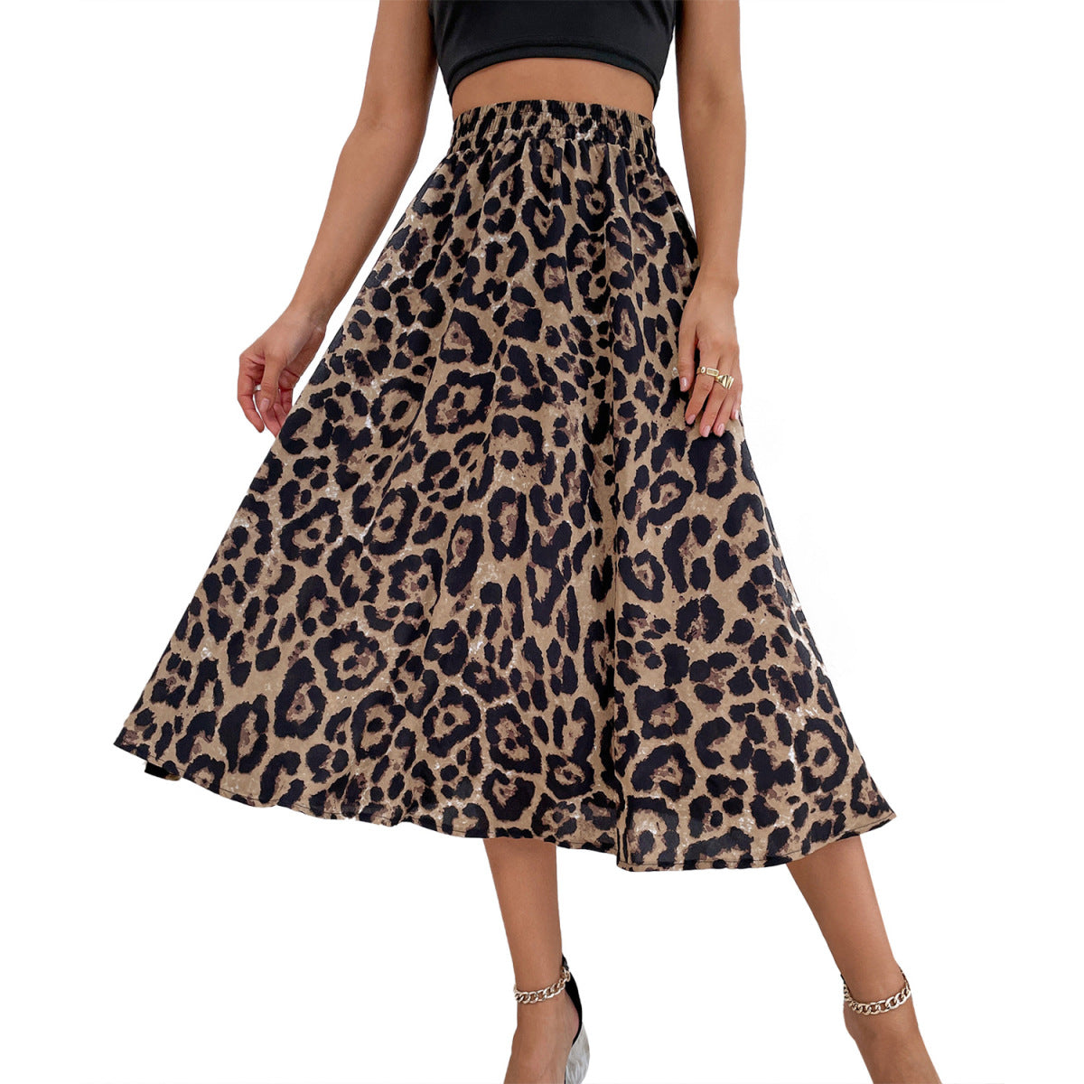 Falda holgada con estampado de leopardo y gasa para mujer
