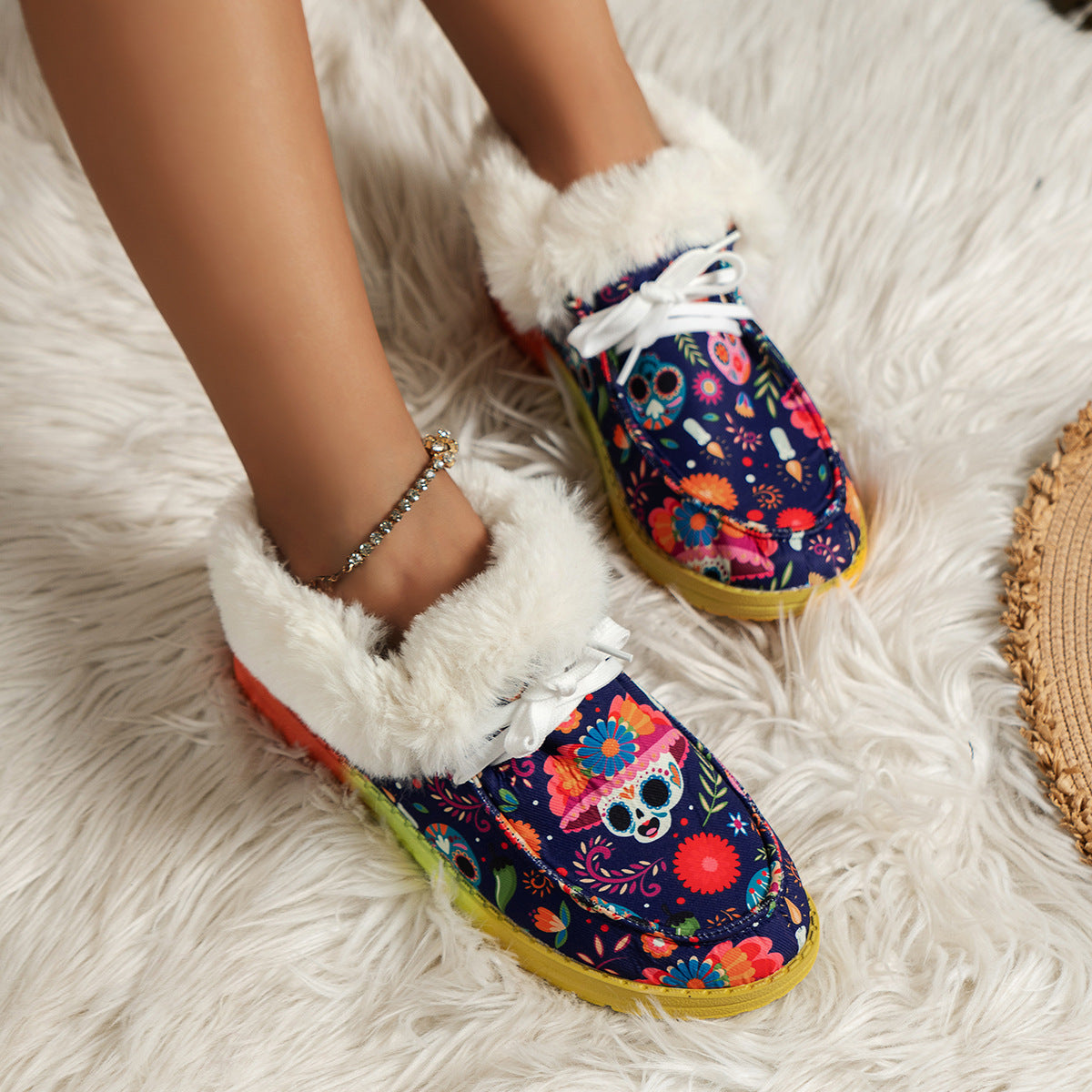 Women Halloween Ghost Pumpkin Print Short Plush Snow Boots