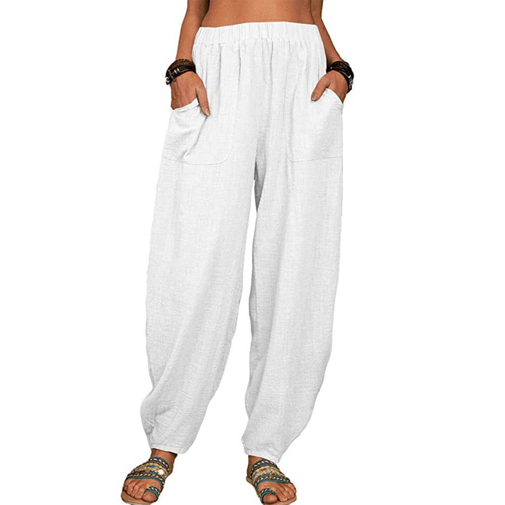 Pantalones harén de lino y algodón informales a la moda para mujer
