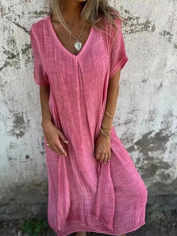 Vestido informal de verano para mujer, holgado, de algodón y lino con cuello en V