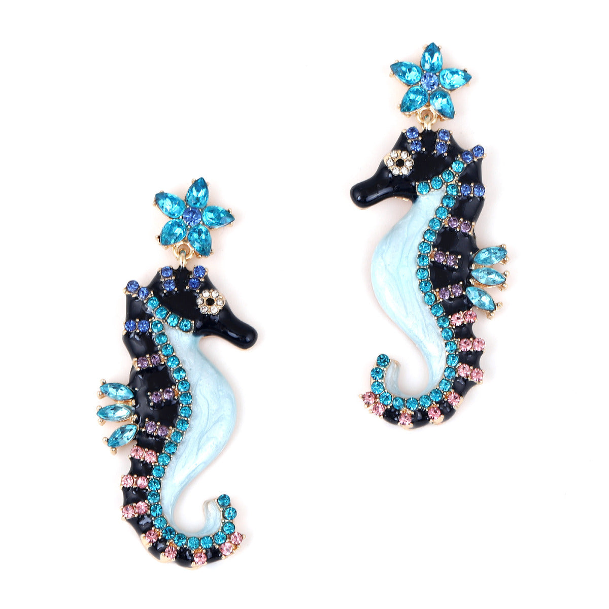 Pendientes de aleación con diamantes de imitación y diseño de hipocampo para mujer
