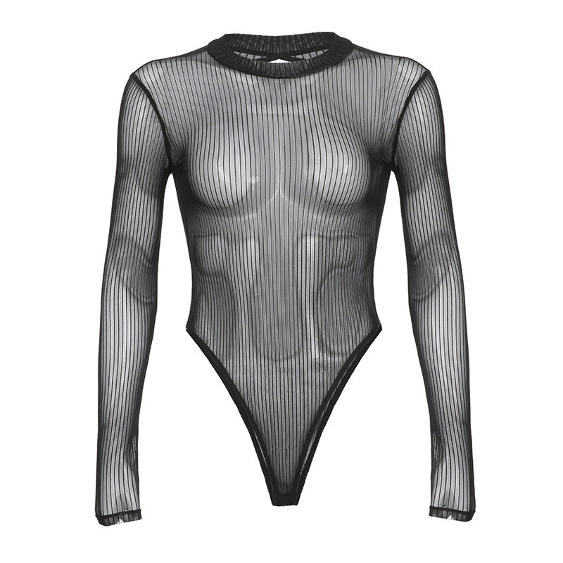 Body sexy de manga larga transparente de malla de color sólido para mujer