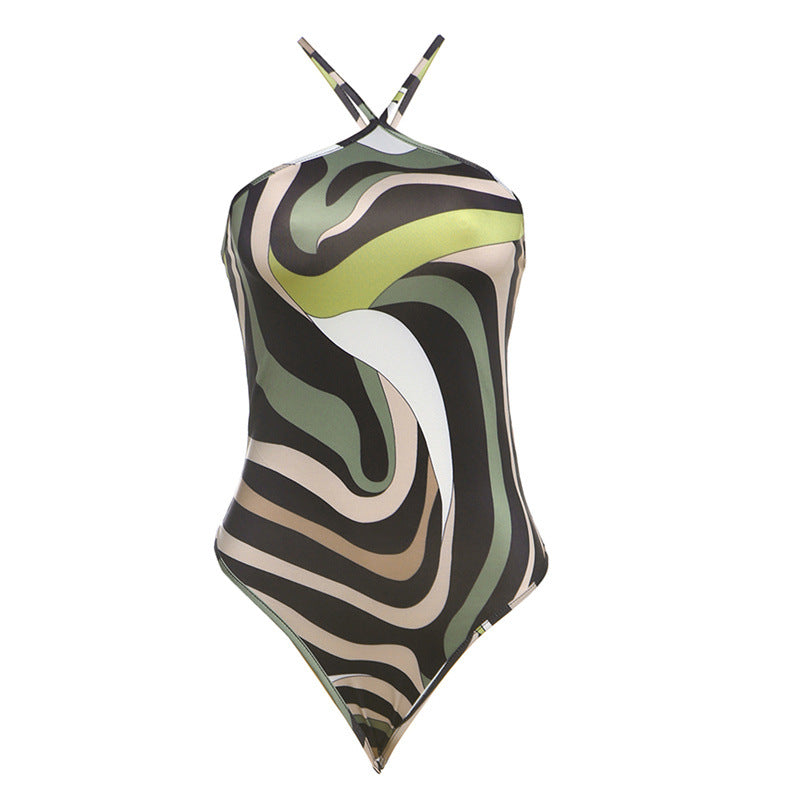 Maillot de bain dos nu sans manches à lacets et impression numérique pour femme