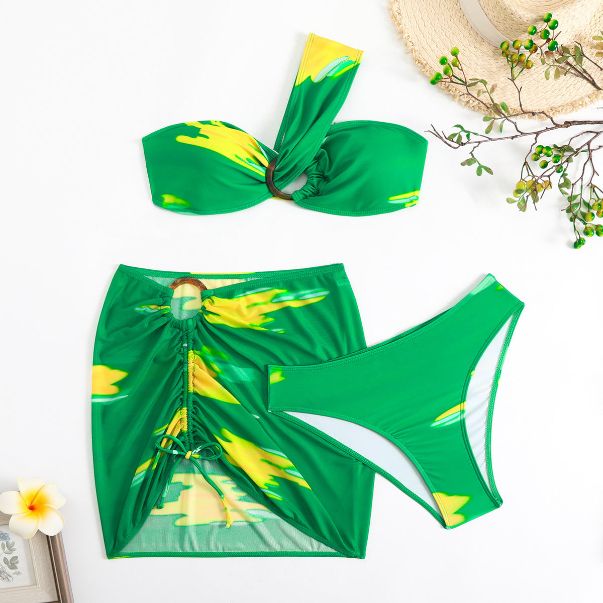 Traje de baño sexy de tres piezas con estampado tie-dye para mujer