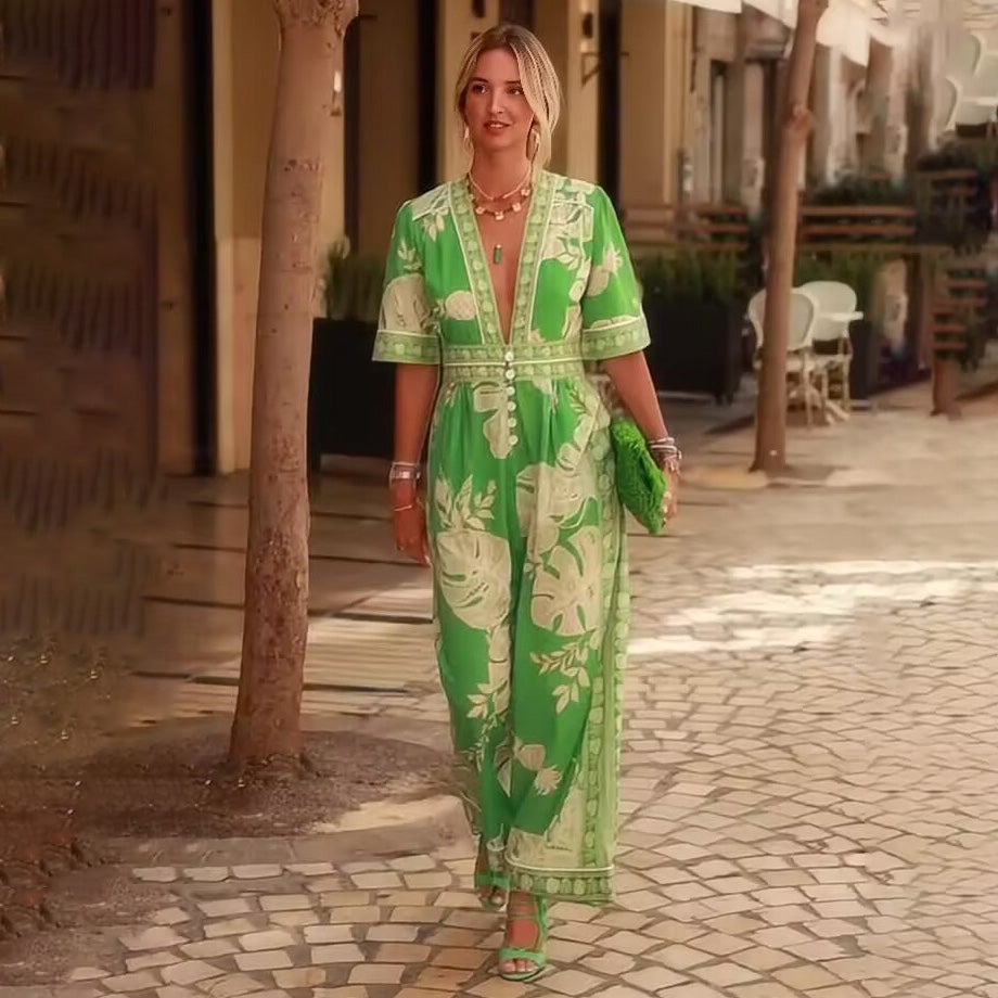 Women Casual Vacation Printed V-Neck Short-Sleeve Jumpsuit