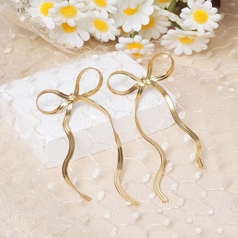 Women Fashion Simple Long Bowknot Chain Earrings