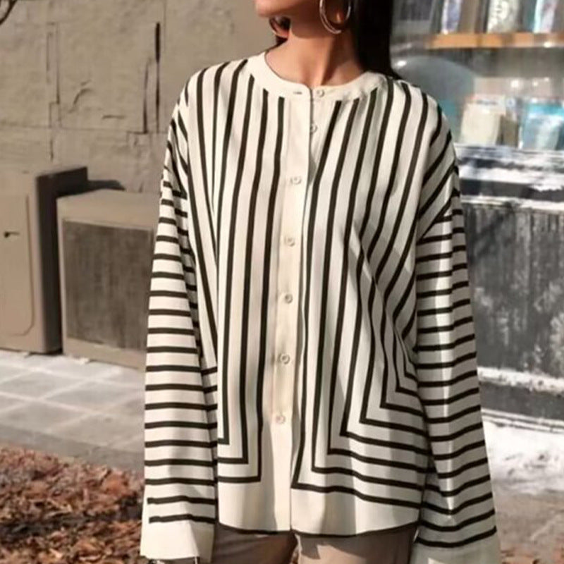 Women Fashion Stripe Print Long Sleeve Shirt