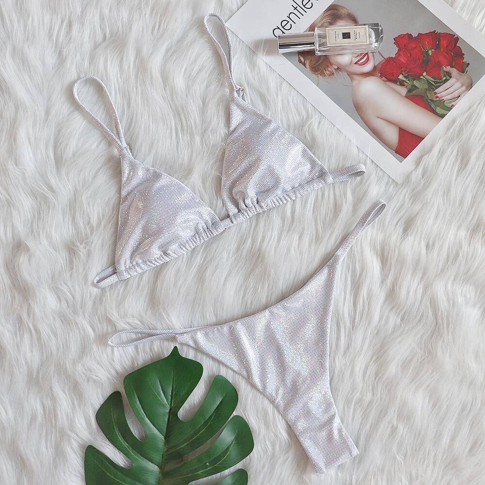 Bikini sexy de color sólido con diamantes de imitación a la moda para mujer