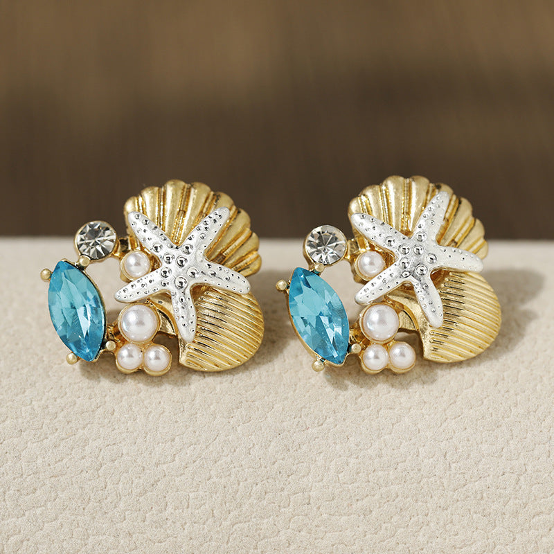 Women Fashion Vacation Glass Gem Starfish Shell Pearl Earrings - Gold Silver