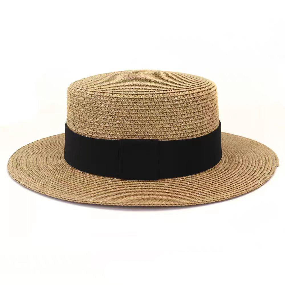 Sombrero de copa plana de paja elegante e informal a la moda para mujer con correas