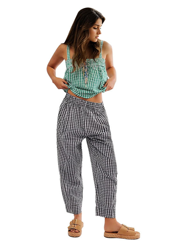 Women Casual Plaid Wide Leg Pocket Pants
