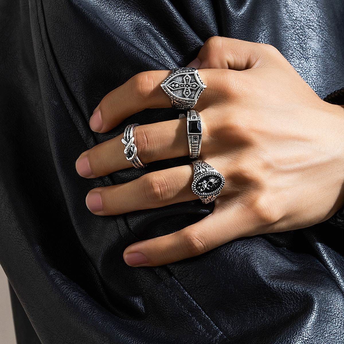 Mens Punk Cross Ring Four Piece Set Alloy Jewelry