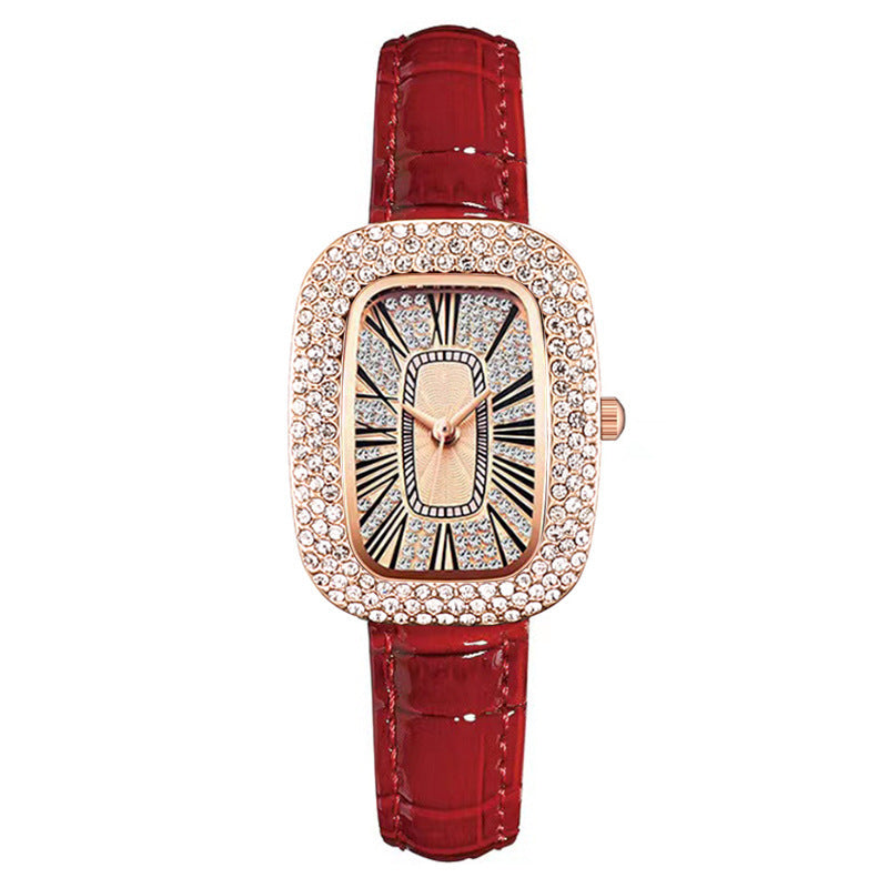 Women Casual Rectangular Rhinestone Watch with Leather Strap