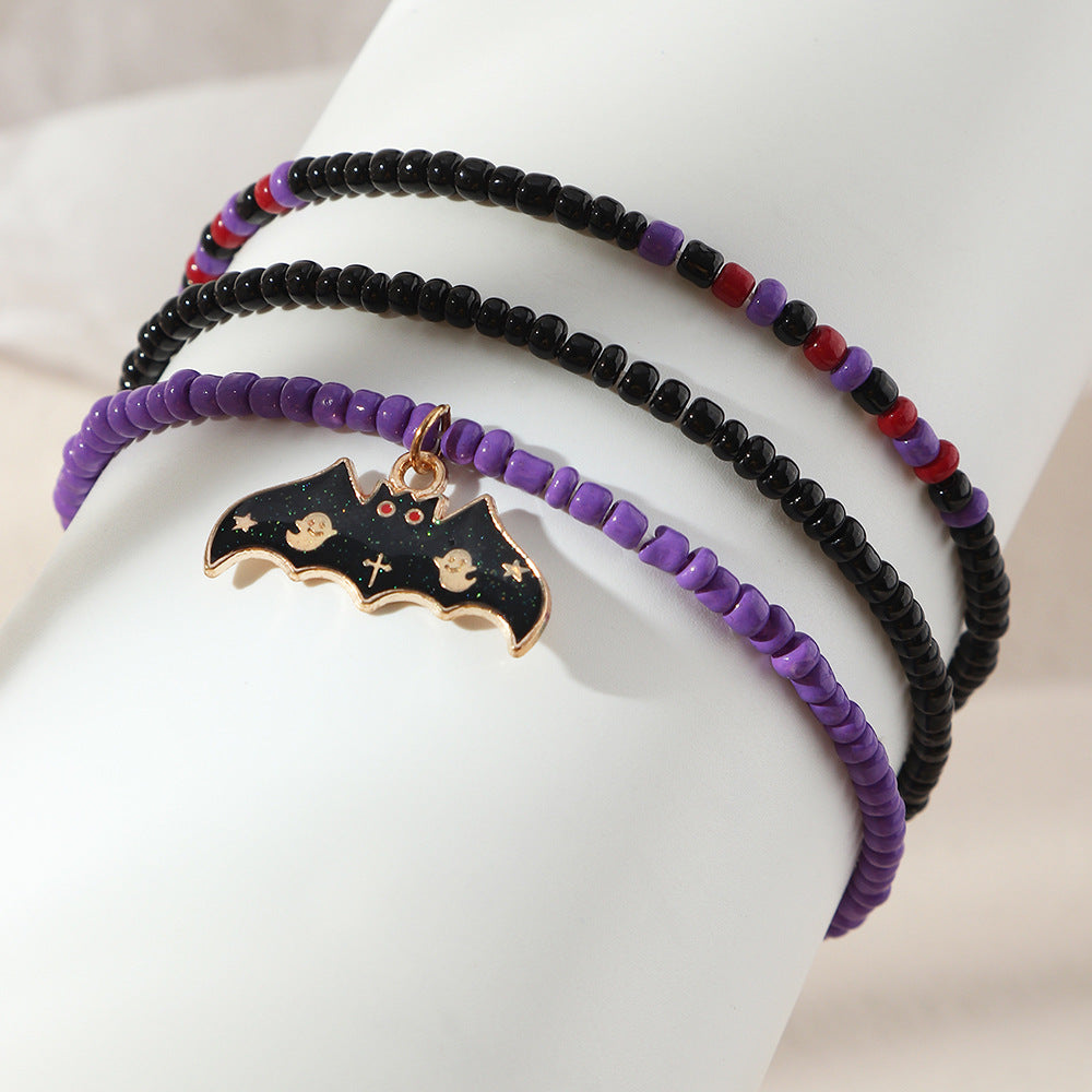 Conjunto de pulsera de Halloween con cuentas de aleación de calabaza y murciélago de colores variados retro a la moda para mujer