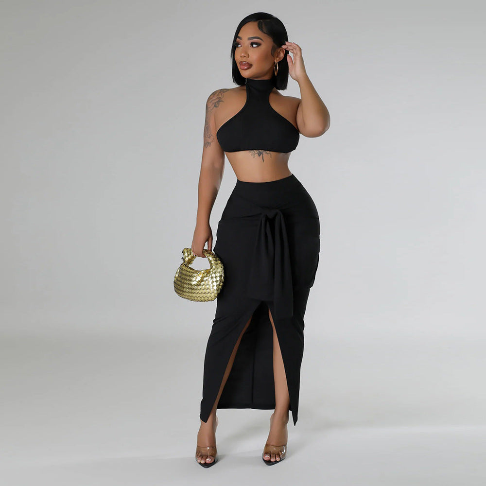 Conjunto de top corto sin mangas de color sólido sexy a la moda para mujer