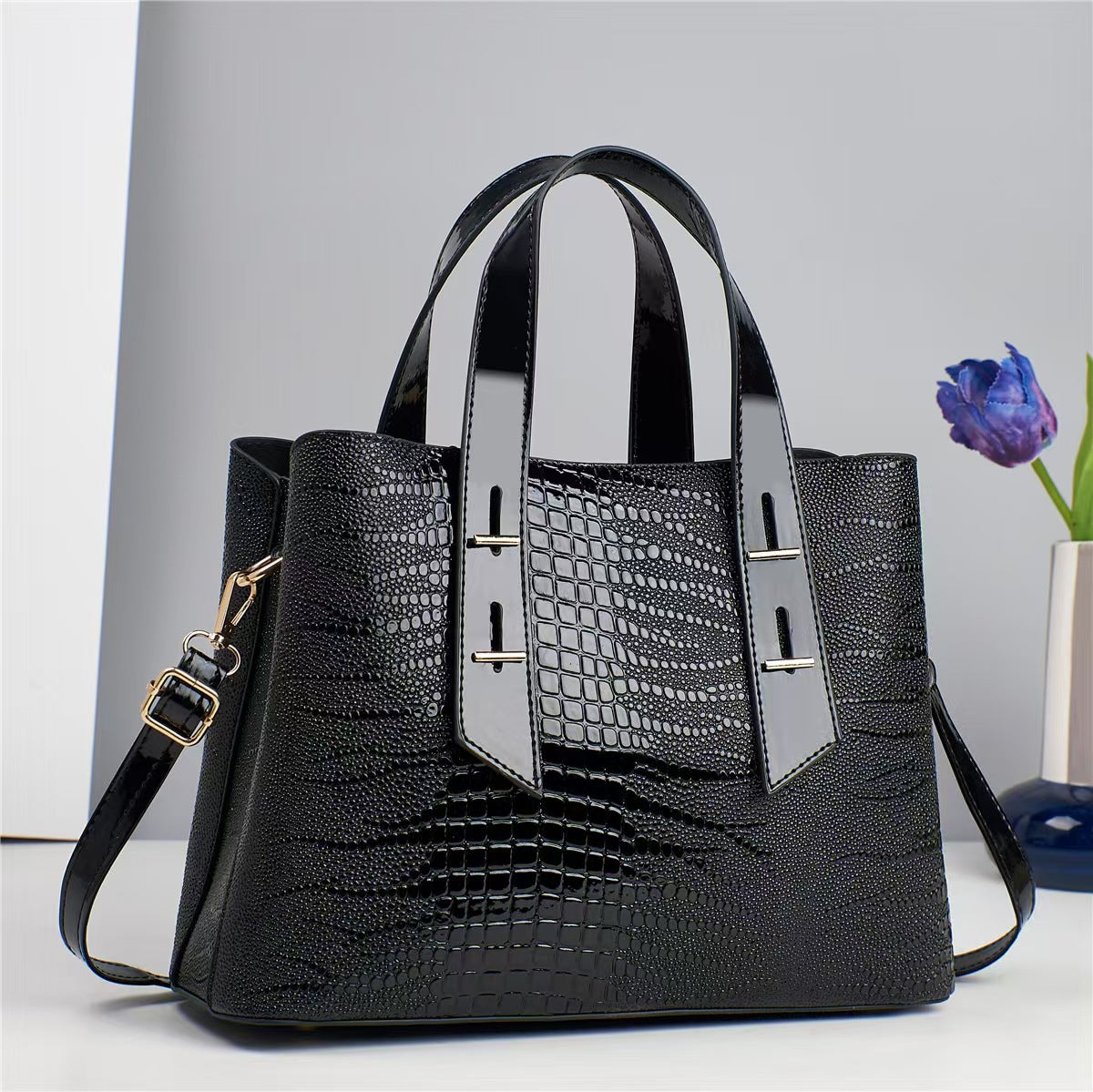 Sac à main décontracté de grande capacité pour femme, couleur unie, motif crocodile