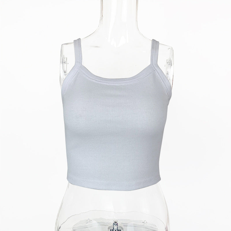 Women Fashion Casual Solid Color Threaded Knitted Sleeveless Crop Top