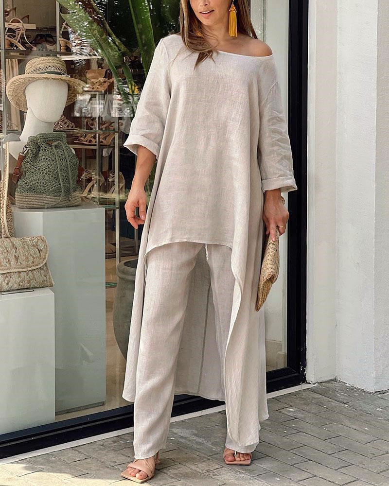 Women Fashion Casual Solid Color Cotton Linen Set