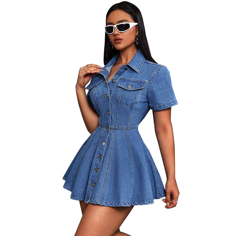 Women Fashion Denim Lapel Short Sleeve Dress