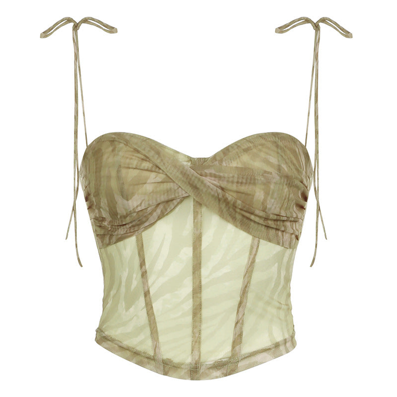 Top corto plisado con tirantes finos y malla de doble capa sexy a la moda para mujer