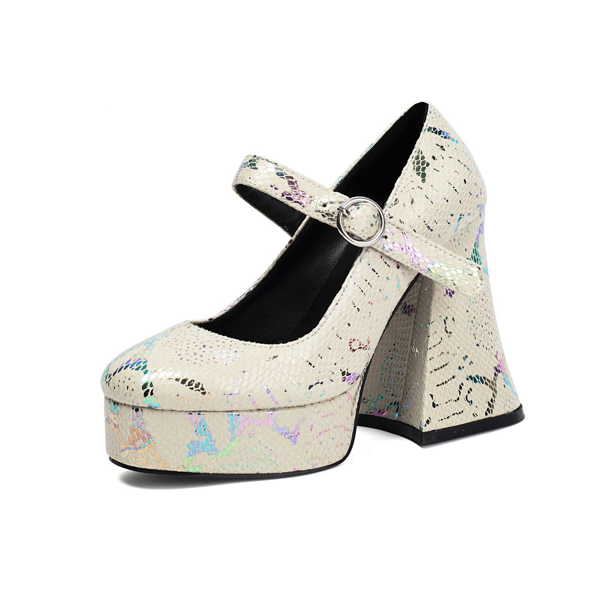 Chaussures à talons hauts et plateformes à bout rond et paillettes serpentines pour femmes