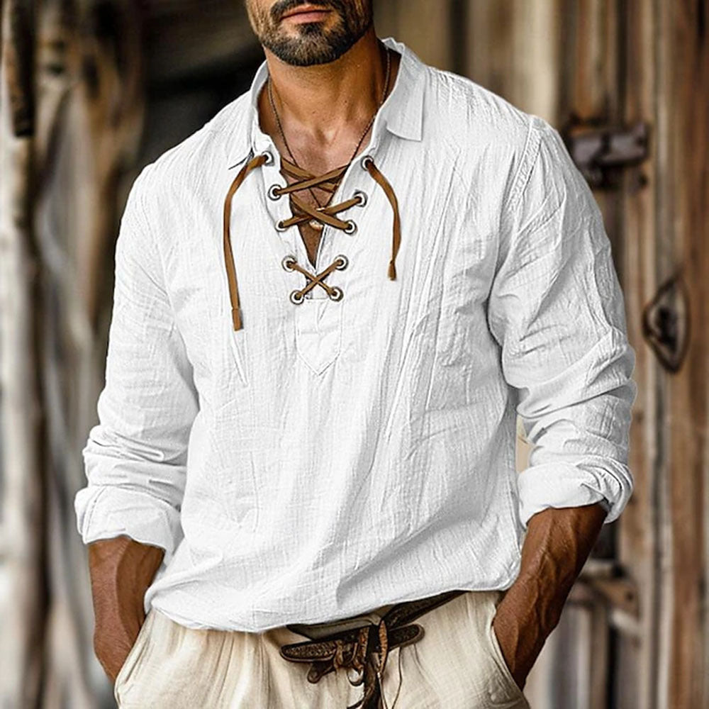 Camisa informal de lino liso con cuello en V y mangas largas para hombre