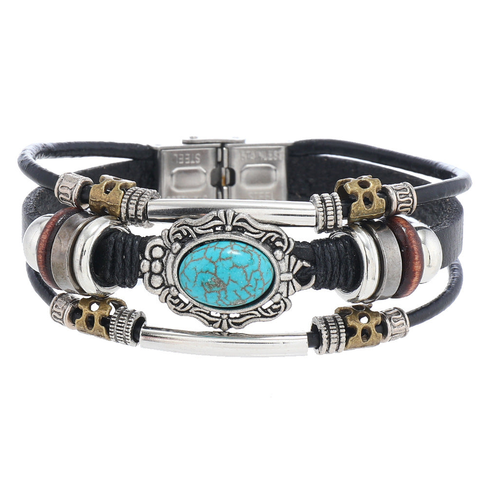 Pulsera de cuero turquesa retro bohemia para hombre