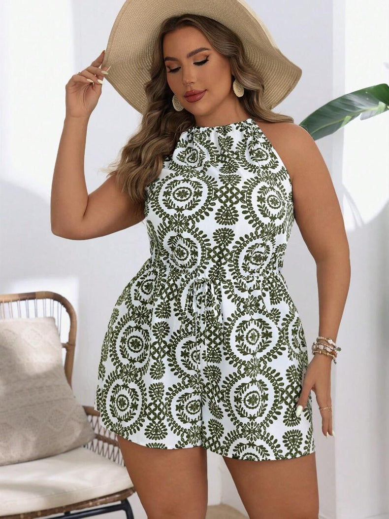 Women Fashion Vacation Plus Size Printed Sleeveless Jumpsuit