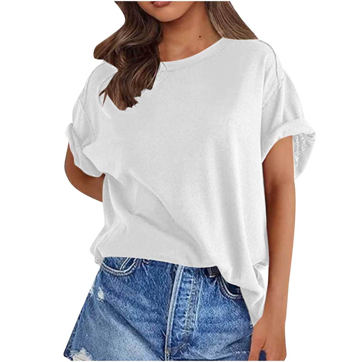 Camiseta holgada de manga corta con cuello redondo y color liso para mujer