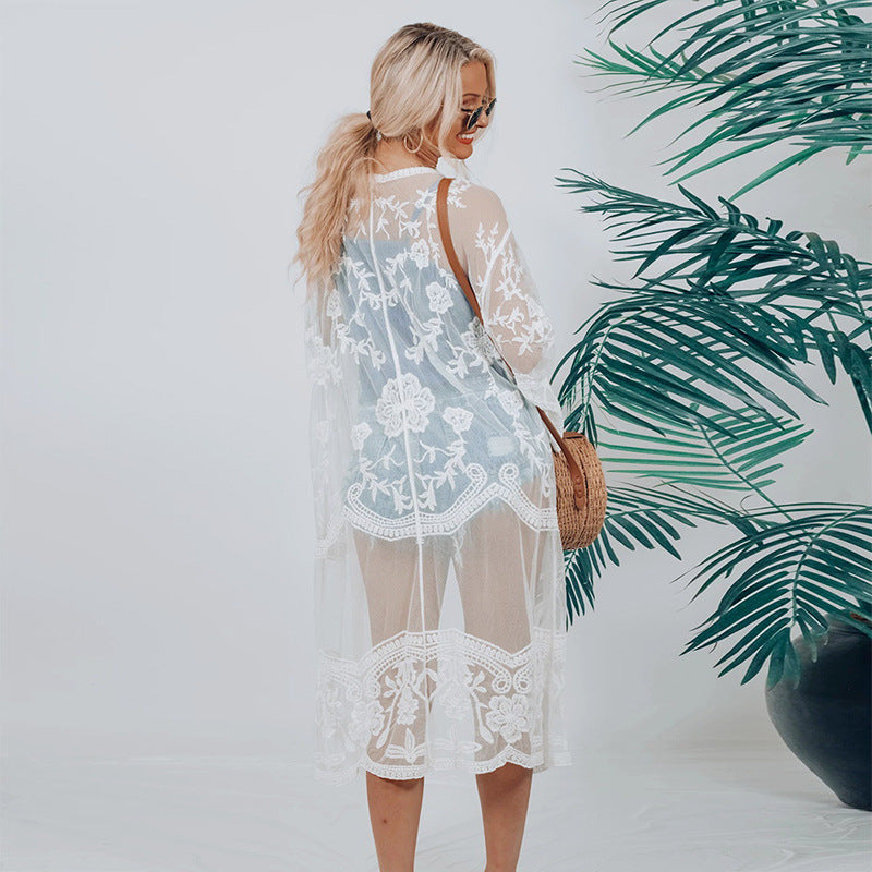 Vestido playero informal de malla con encaje y mangas largas para mujer