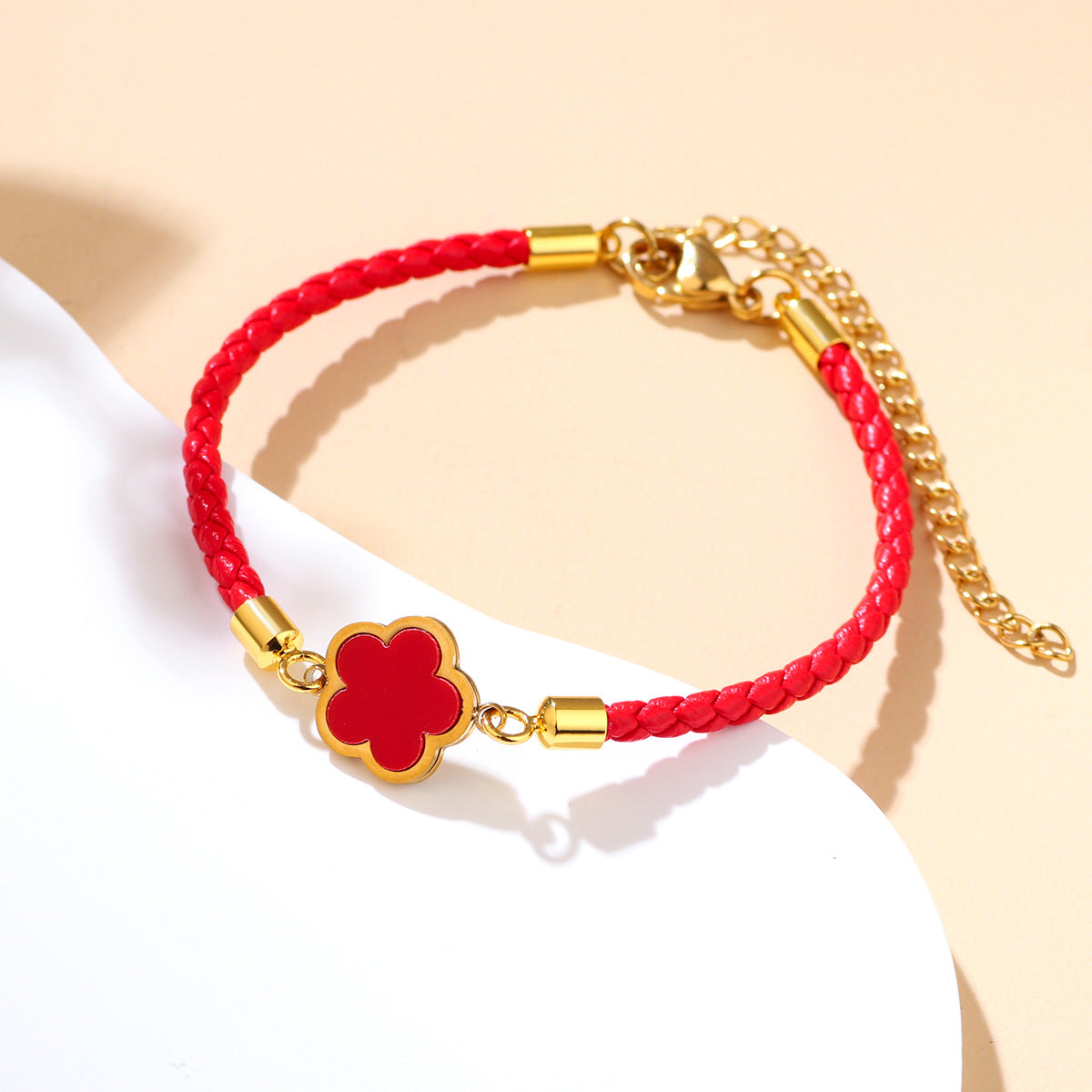 Women Fashion Plated 18k Four-Leaf Clover Red Rope Bracelet