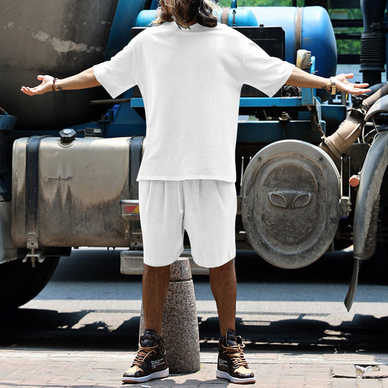 Men's Casual Solid Color Cotton Blend T-Shirt and Shorts Set