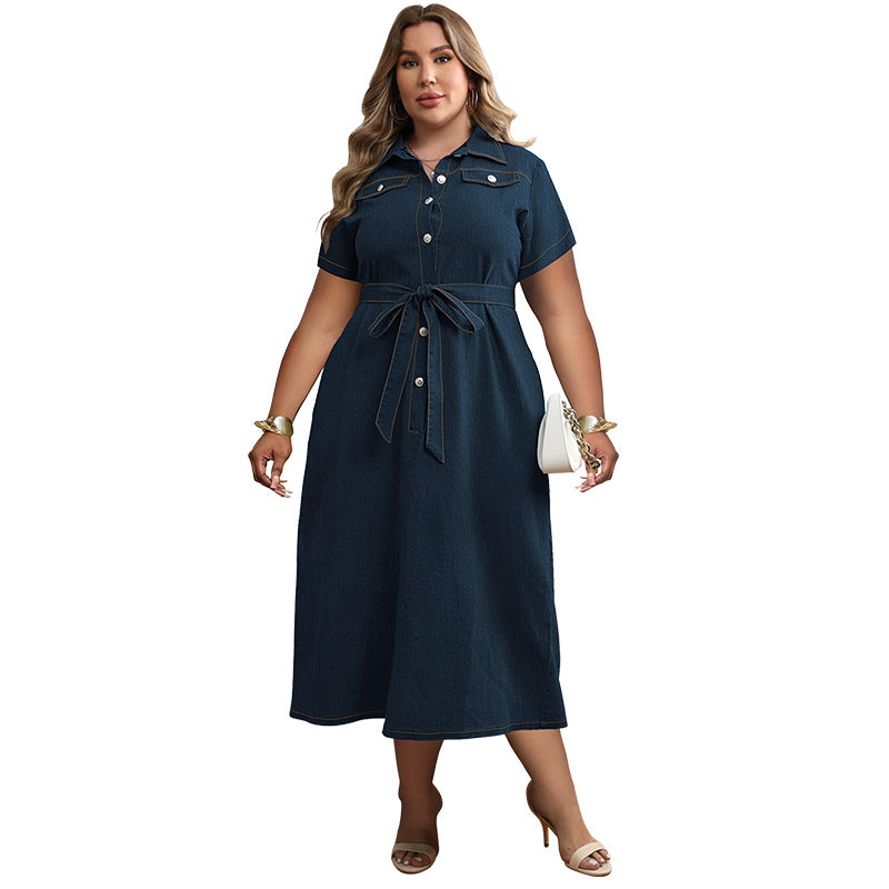 Vestido vaquero informal de talla grande con solapa, manga corta y cordones para mujer