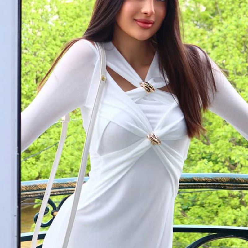 Women Fashion Sexy Solid Color Hollow-Out Long-Sleeve Dress