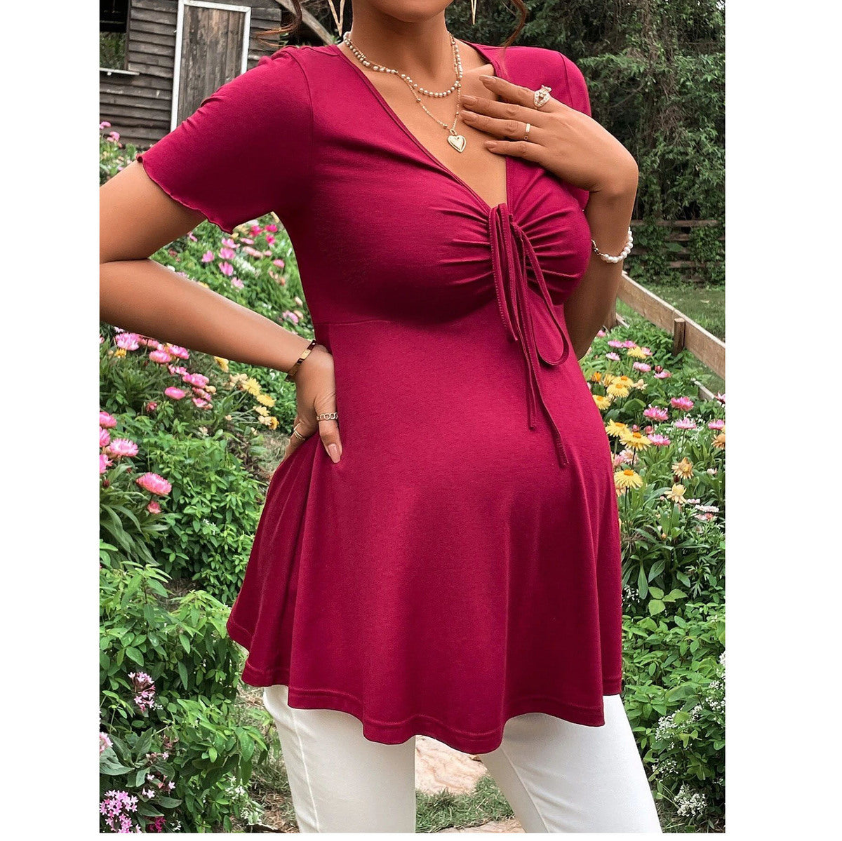 Casual Solid Color V-Neck Short Sleeve Dress
