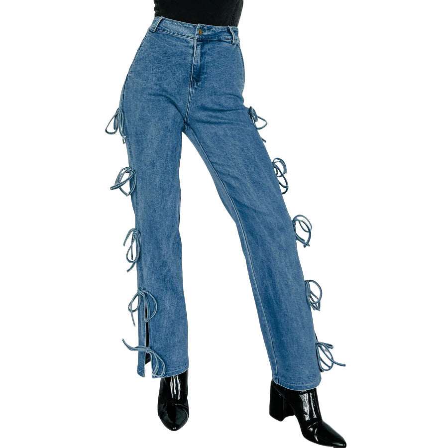 Jean droit rétro avec nœud pour femme, bleu saphir
