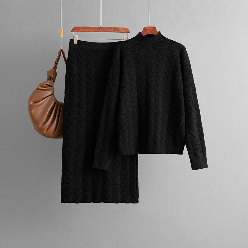 Ensemble pull et jupe en tricot décontracté de couleur unie pour femme