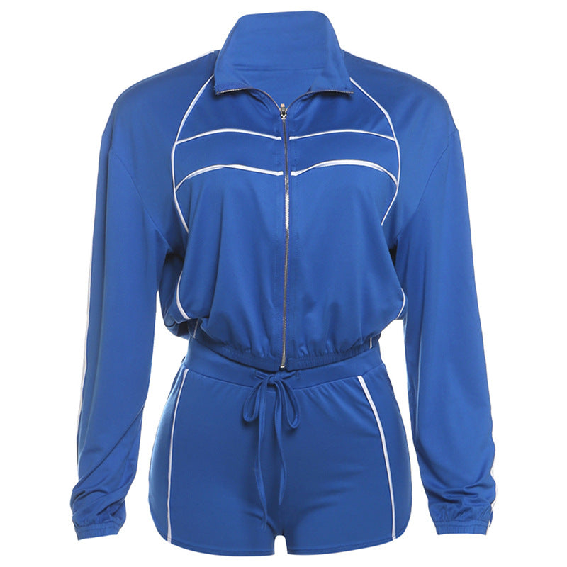 Women Fashion Casual Long Sleeve Crop Top and Drawstring Shorts Two-Piece Set